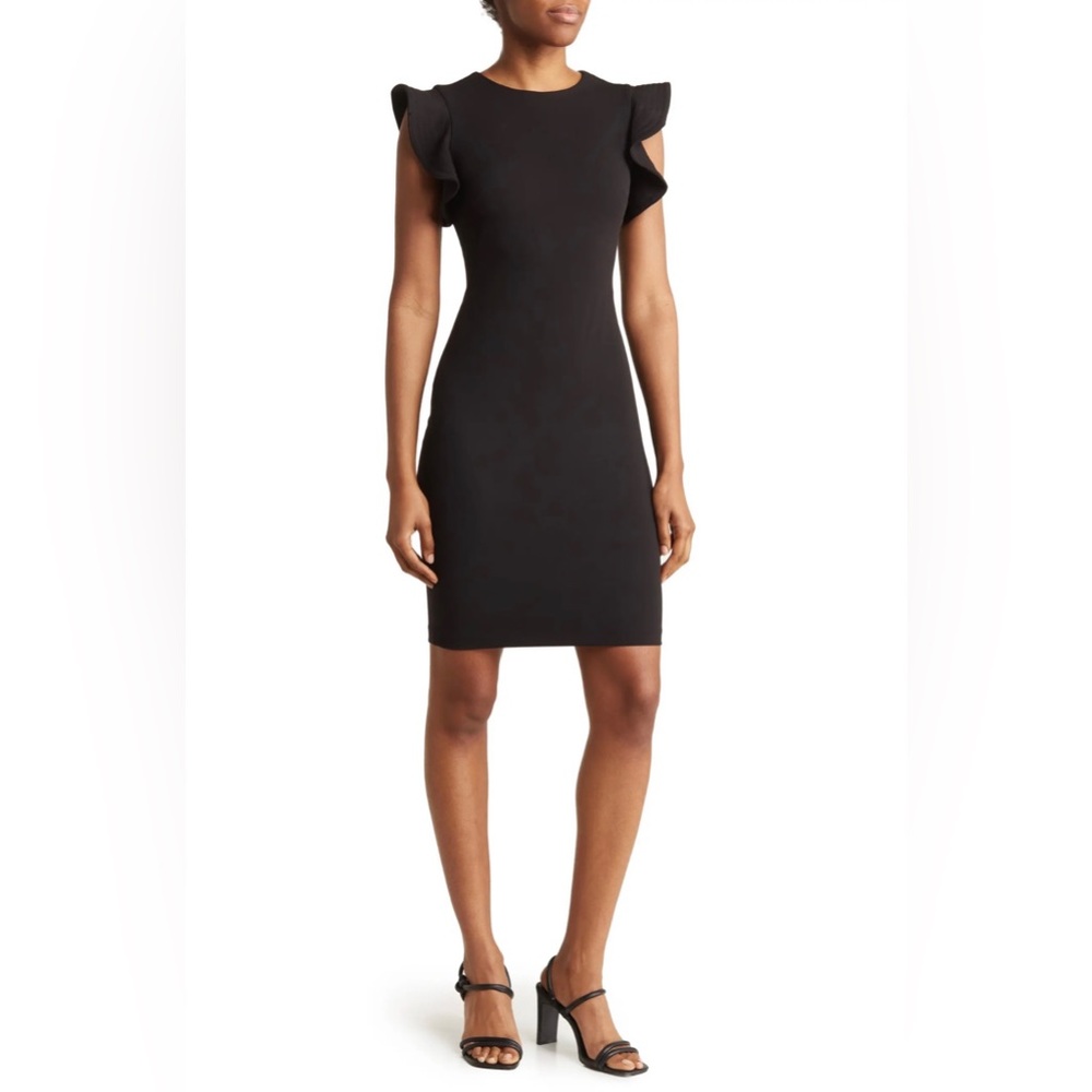 Calvin Klein Ruffle Shoulder Black Sheath Dress | Size 10